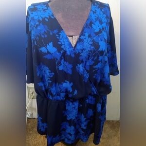 Worthington Cobalt Blue & Black Floral Blouse 4X New